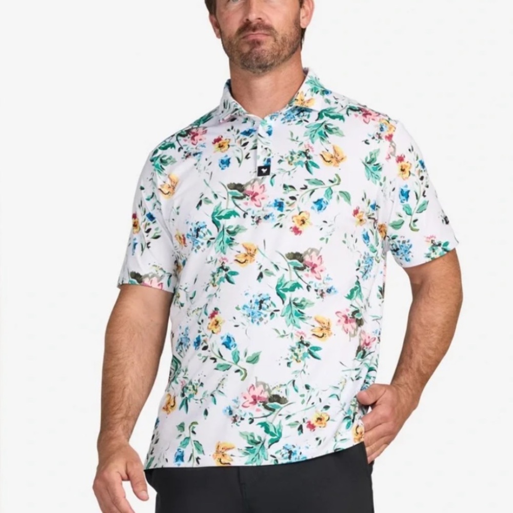 Bad Birdie "Poetic Justice" Golf Polo Shirt Mens Size XL White Floral